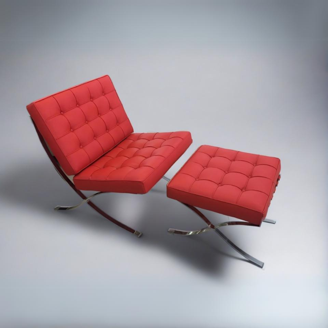 Mies Barcelona Pavilion Chair with Footrest Red Italian Aniline Luxe Furnishes