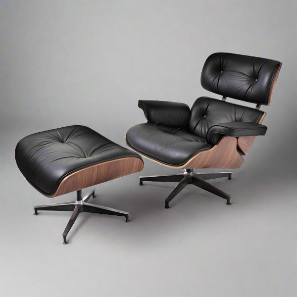 Charles Eames Mid-Century Lounge Chair & Ottoman in Walnut Wood and Black