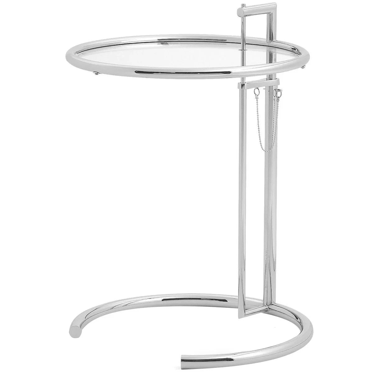 Chrome side table with a round glass top on a white background